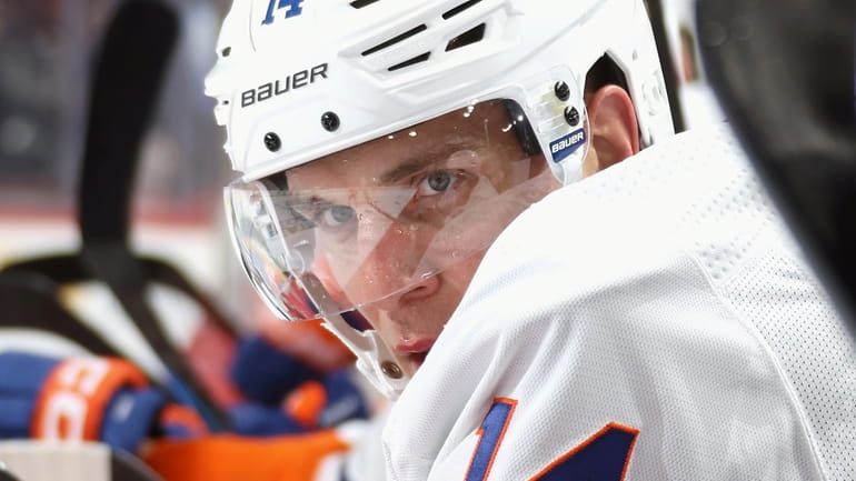 Bo Horvat #14 of the New York Islanders looks on...