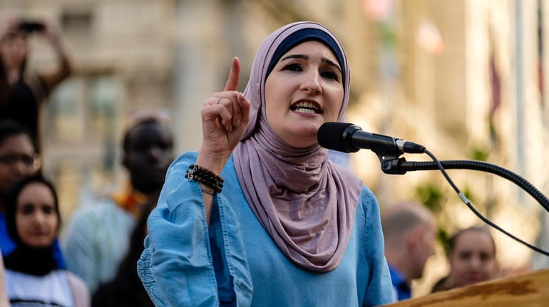 Linda Sarsour speaks at a rally in Foley Square to...