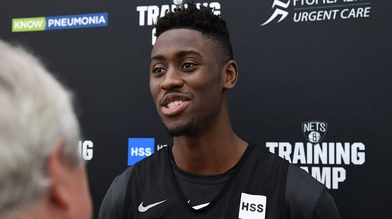 Caris LeVert of the Brooklyn Nets speaks to the media...