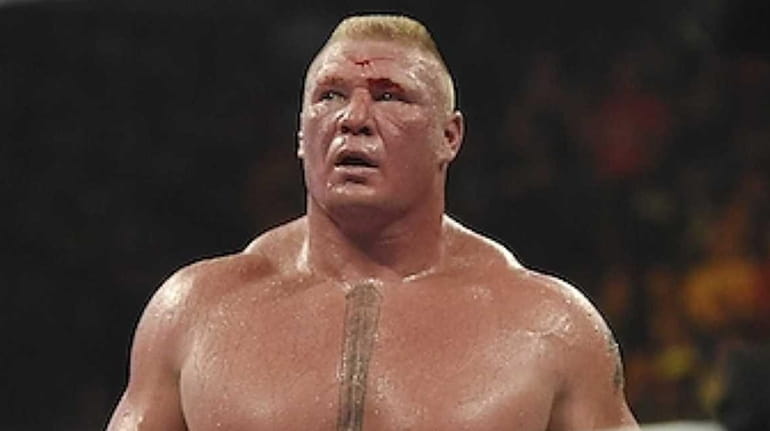 Brock Lesnar looks on during his wrestling match against The...