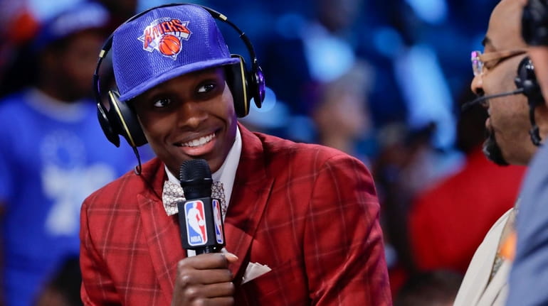 Frank Ntilikina does an interview after being selected by the...