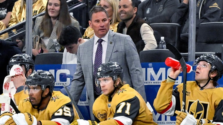 Vegas Golden Knights coach Bruce Cassidy watches during the third...