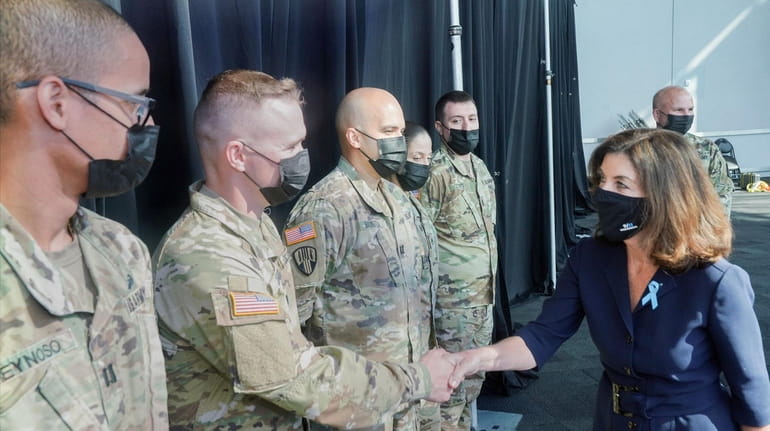 Gov. Kathy Hochul greets members of the New York National Guard in...