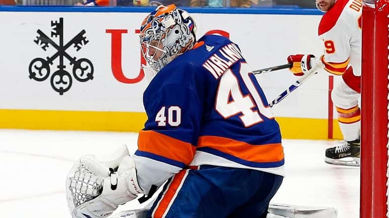 Semyon Varlamov of the Islanders makes a save during the second...