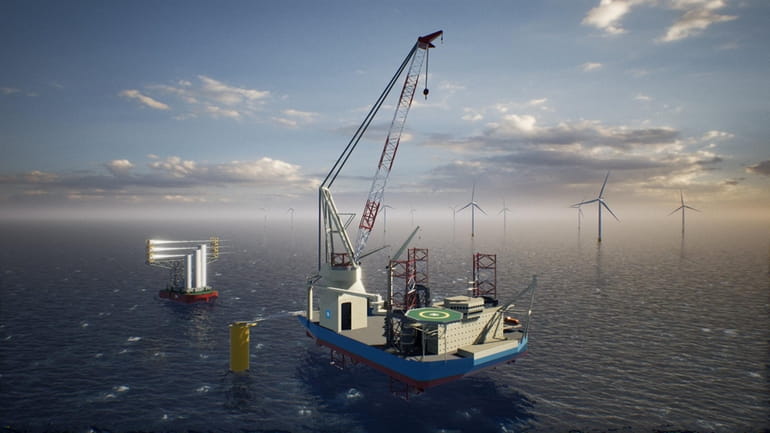 An illustration of a wind turbine installation vessel for the Empire Wind...