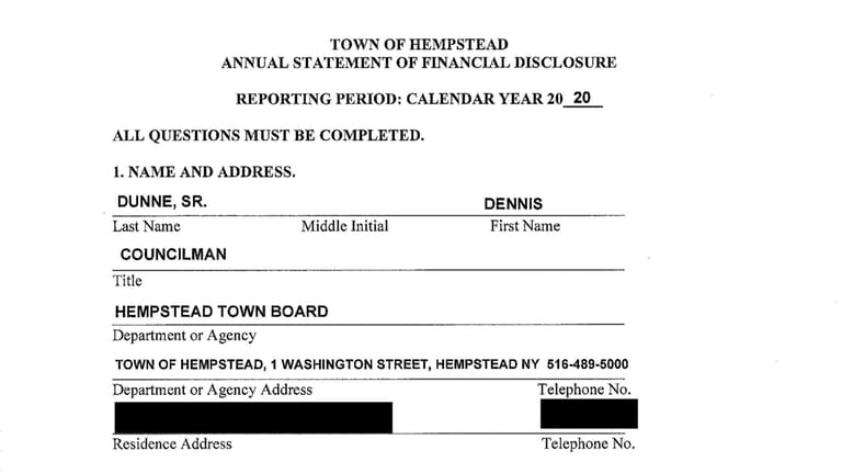 A redacted portion of Councilman Dunne's 2020 financial disclosure statement.