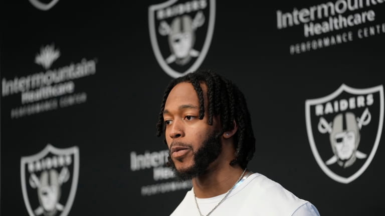 Las Vegas Raiders wide receiver Jakobi Meyers takes questions from...