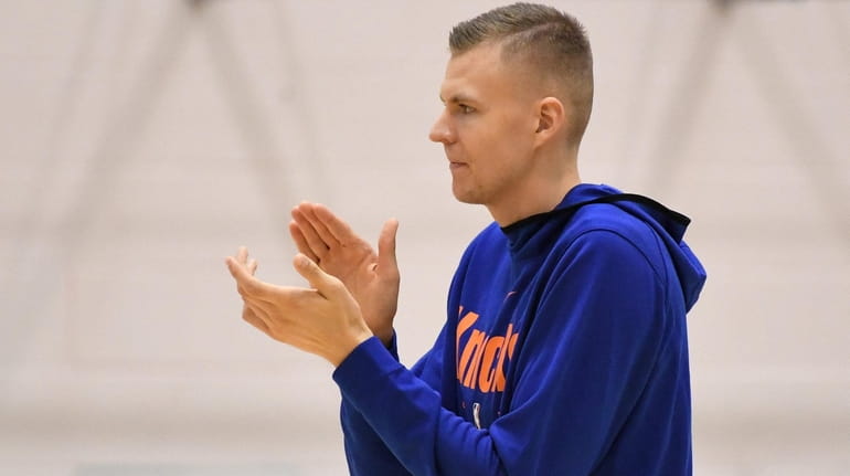 Knicks forward/center Kristaps Porzingis at the end of practice during...
