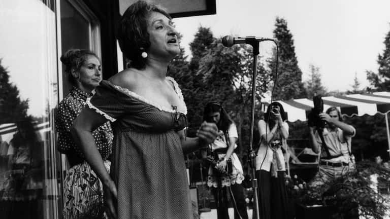 American author and feminist Betty Friedan speaks at a party...