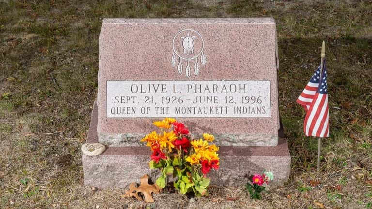 The headstone of the Montaukett Indian Queen Olive Pharaoh is...