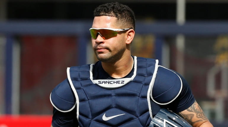 Gary Sanchez of the Yankees looks on before a game...