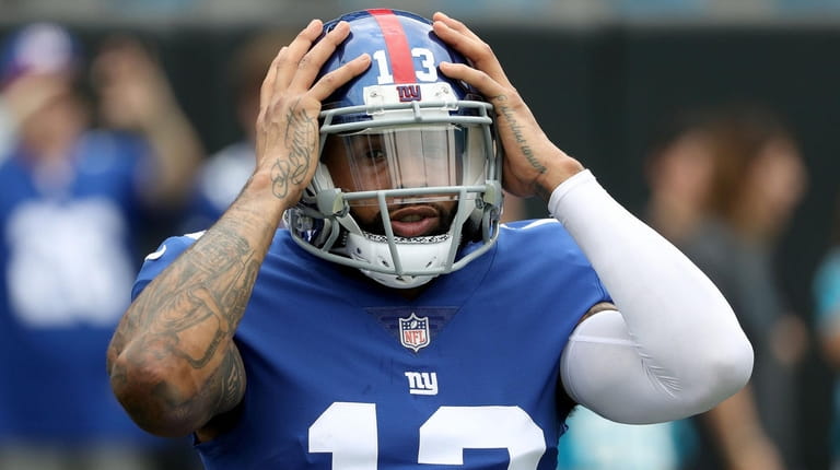 Odell Beckham of the Giants warms up against the Panthers...