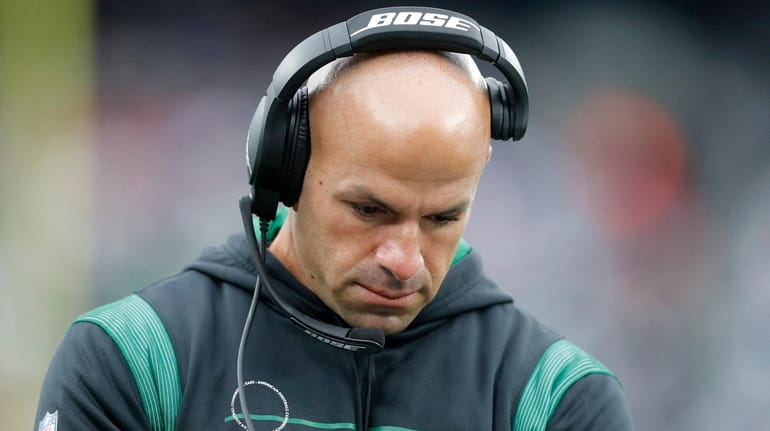 Jets head coach Robert Saleh reacts during a game against...