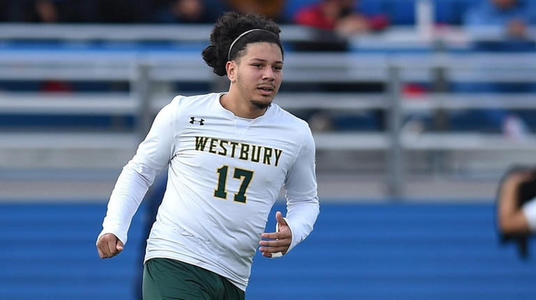 Edison Arias Velasquez of Westbury moves a ball downfield during...