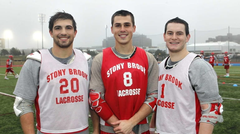 From left, Stony Brook men's lacrosse senior midfielder Jeff Tundo,...
