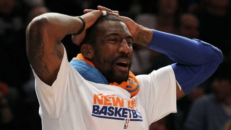 Amare Stoudemire of the New York Knicks reacts during the...