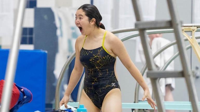 Jericho’s Rachel Yang celebrates after her final dive at the...