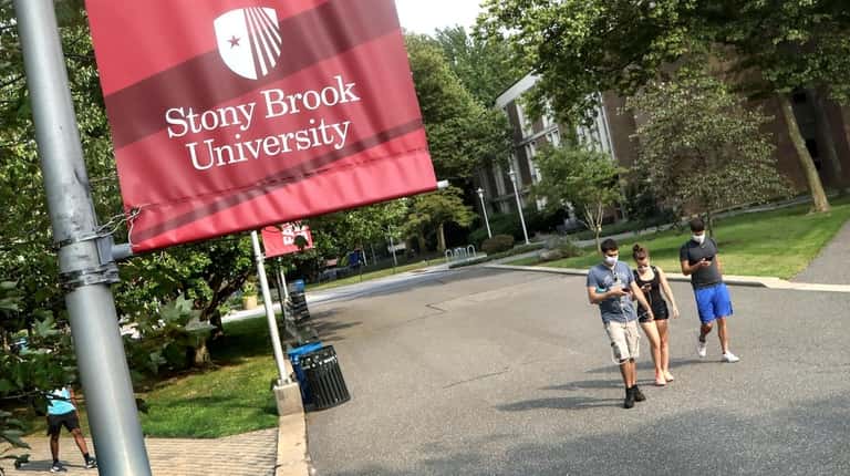 Students on the Stony Brook University campus in August. 