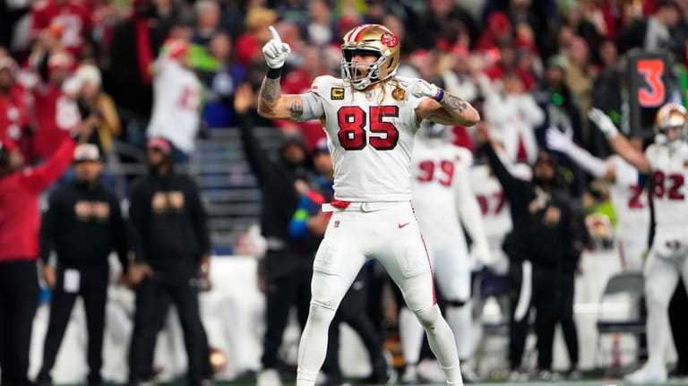 San Francisco 49ers tight end George Kittle (85) reacts after...