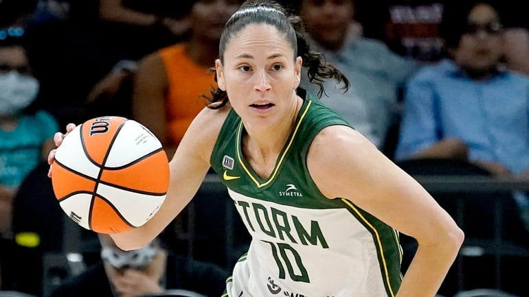 Seattle Storm guard Sue Bird brings the ball upcourt during...