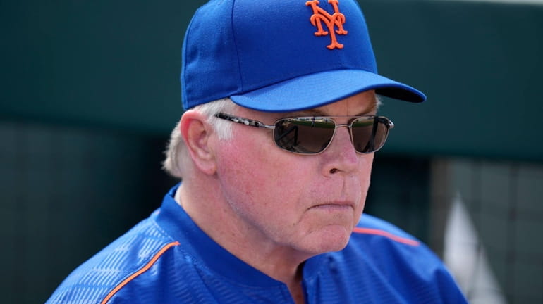 Mets manager Buck Showalter of the Mets looks on from the...