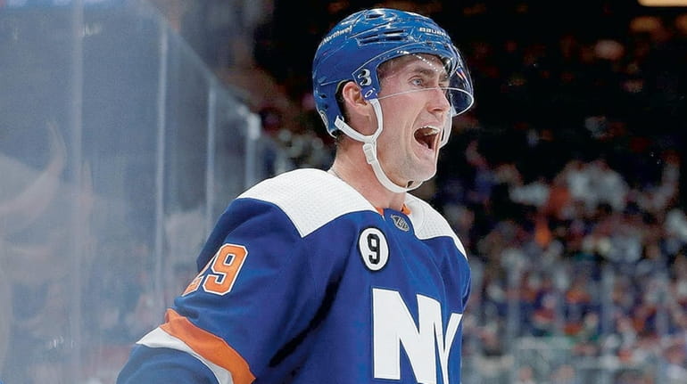 Brock Nelson of the New York Islanders celebrates his second...