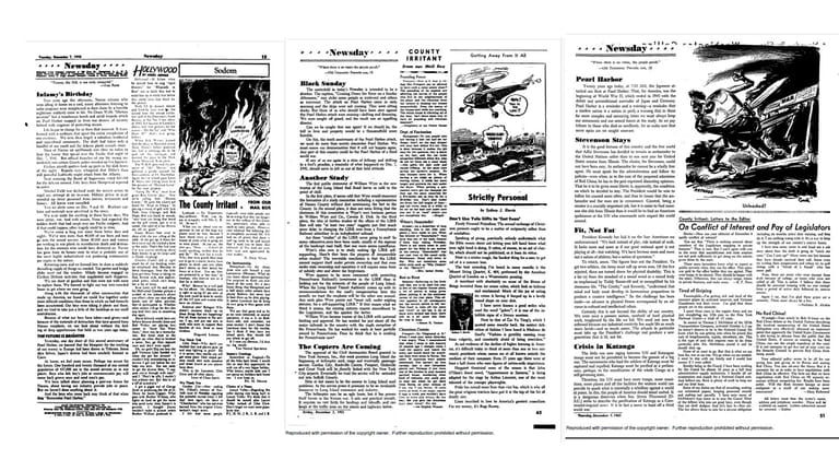 The Newsday editorials on Pearl Harbor titled "Infamy's Birthday" (Dec....