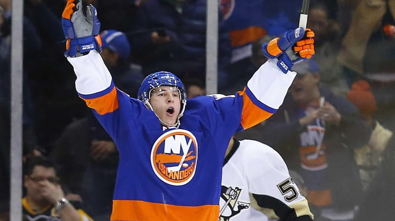 Ryan Strome of the New York Islanders celebrates his second-period...
