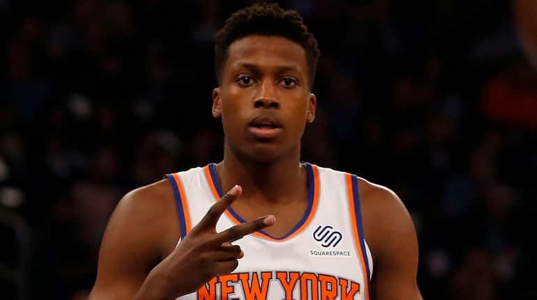 Frank Ntilikina of the Knicks enters a game against the...