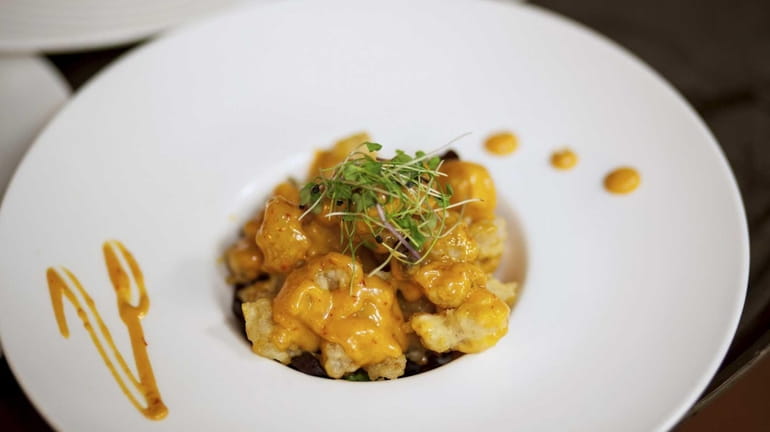An appetizer of rock shrimp tempura with a spicy aioli...