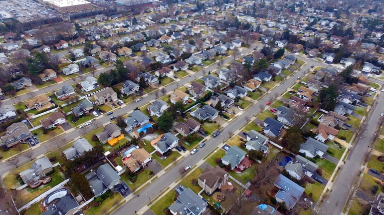 An aerial view of a row of houses along Fortune...