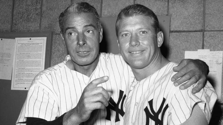 Joe DiMaggio, left, and Mickey Mantle at Yankees Old-Timers' Day...