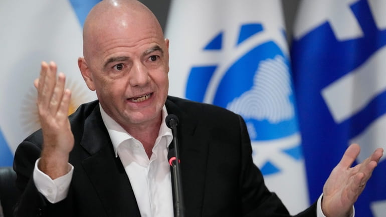 FIFA President Gianni Infantino speaks during a joint press conference...