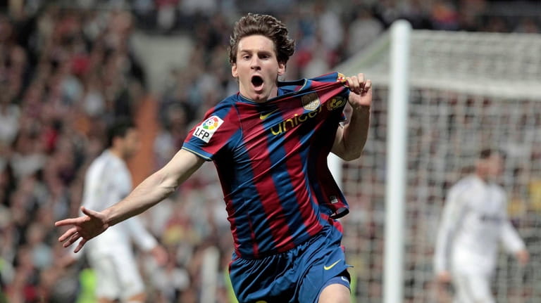 FC Barcelona's Lionel Messi of Argentina celebrates his goal against...
