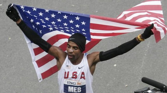 Meb Keflezighi of the United States at the finish line...
