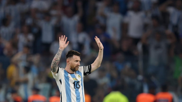 Argentina's Lionel Messi celebrates scoring during an international friendly soccer...