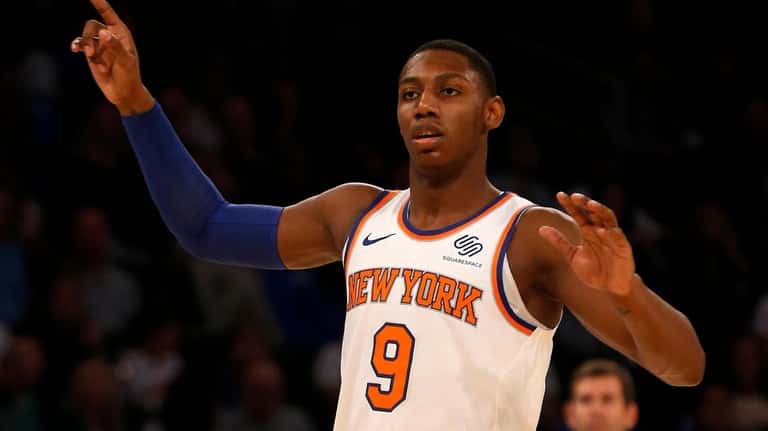 RJ Barrett of the Knicks reacts in the second half...