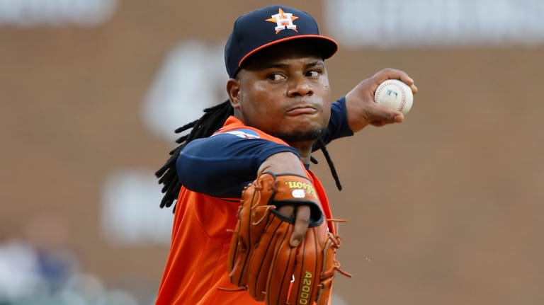 Houston Astros' Framber Valdez pitches against the Detroit Tigers during...
