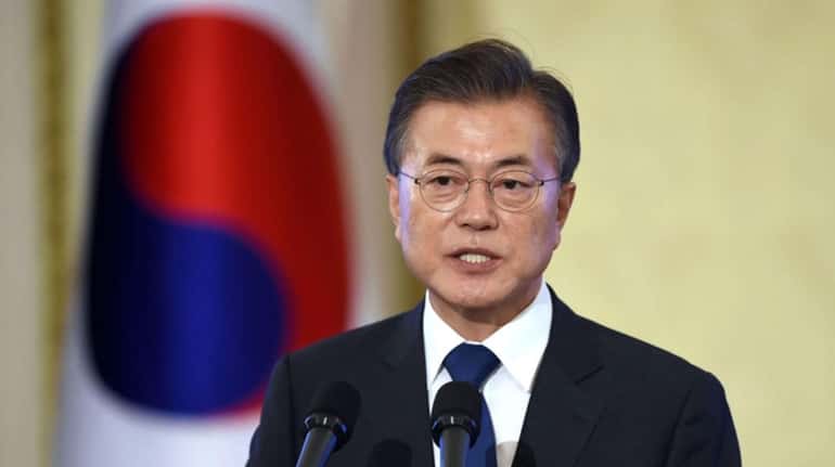 South Korean President Moon Jae-in speaks during a press conference...