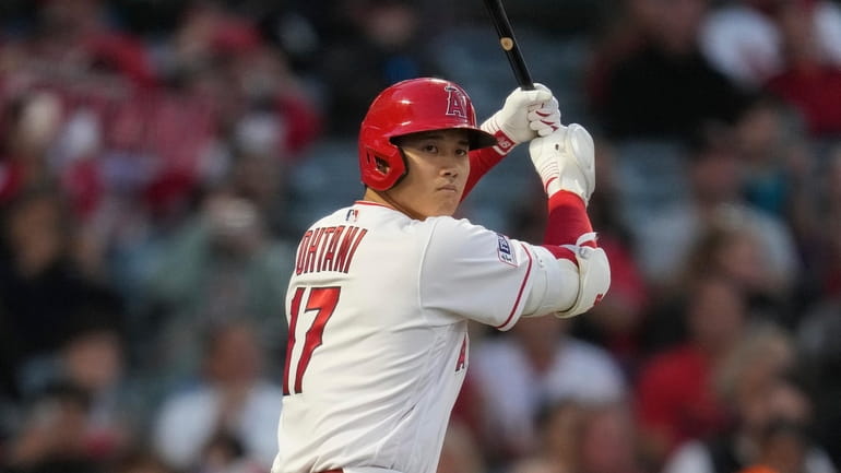 Los Angeles Angels designated hitter Shohei Ohtani (17) takes a...