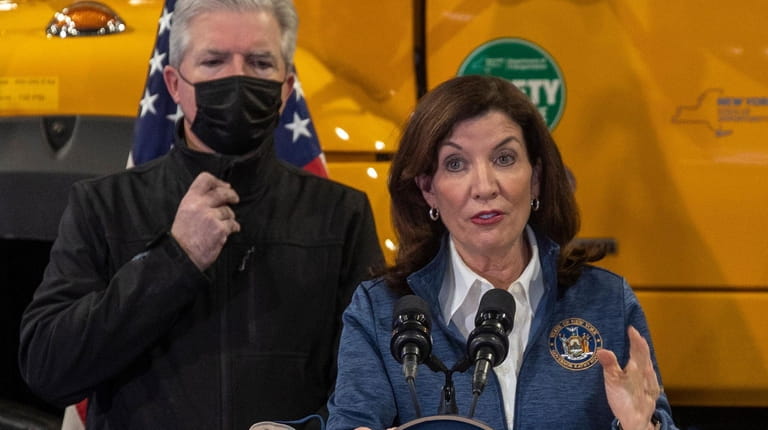 Gov. Kathy Hochul, in Melville on Friday, gives a briefing on...
