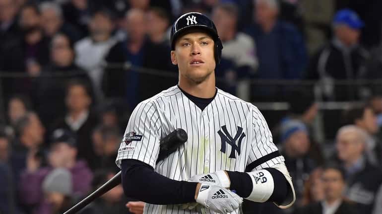 Yankees right fielder Aaron Judge (99) at the plate in...