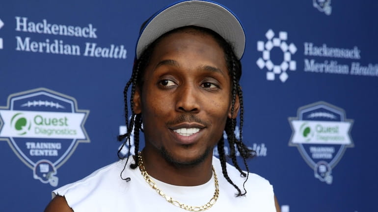 Giants CB Adoree Jackson speaks at the Giants training facility in...