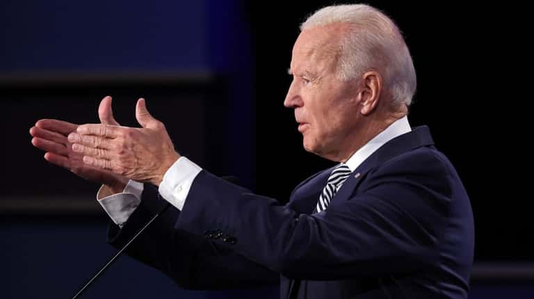 Democratic presidential nominee Joe Biden makes a point during the...