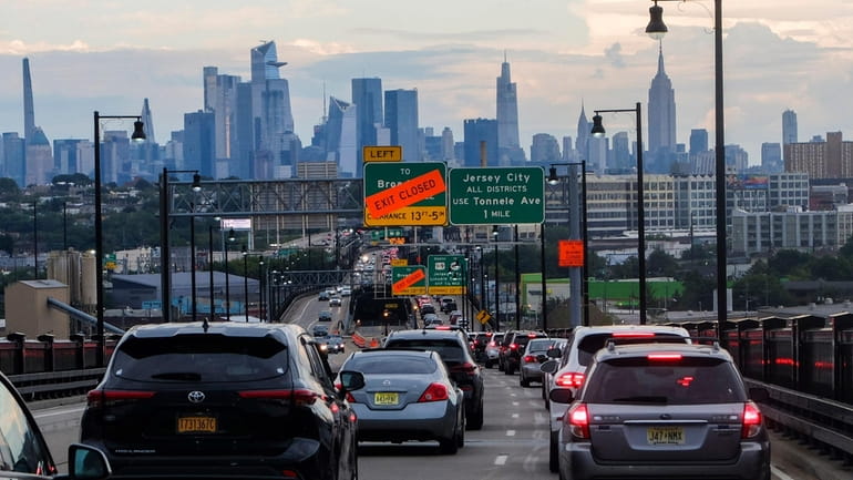 Traffic in Jersey City, New Jersey headed toward Manhattan on...