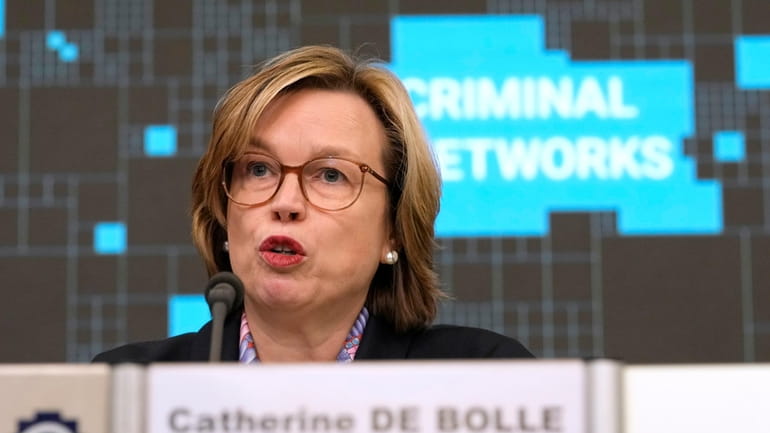 Europol Executive-Director Catherine De Bolle, addresses a media conference to...