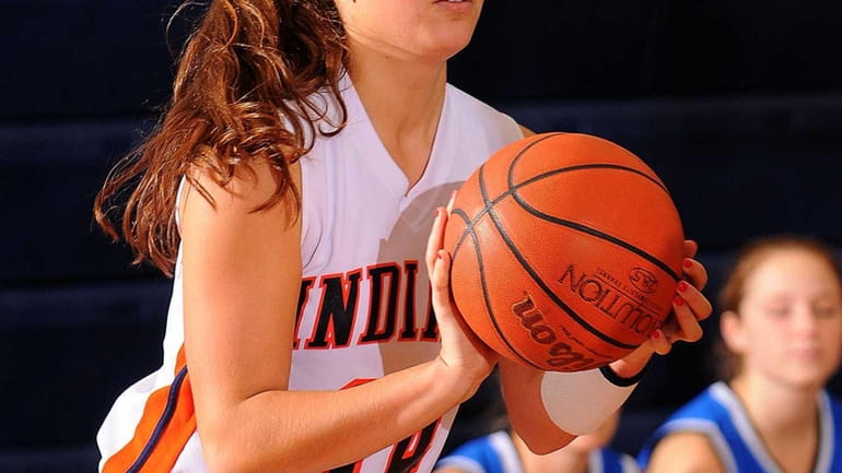 Manhasset's Jackie Albanese sqaures to the basket for a 3-point...
