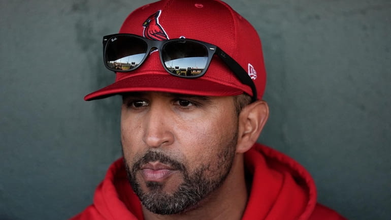 St. Louis Cardinals manager Oliver Marmol speaks to the media...