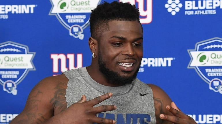 New York Giants free safety Jabrill Peppers answers questions from...