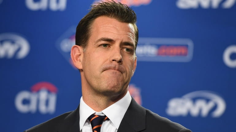 Mets general manager Brodie Van Wagenen looks on during a press...